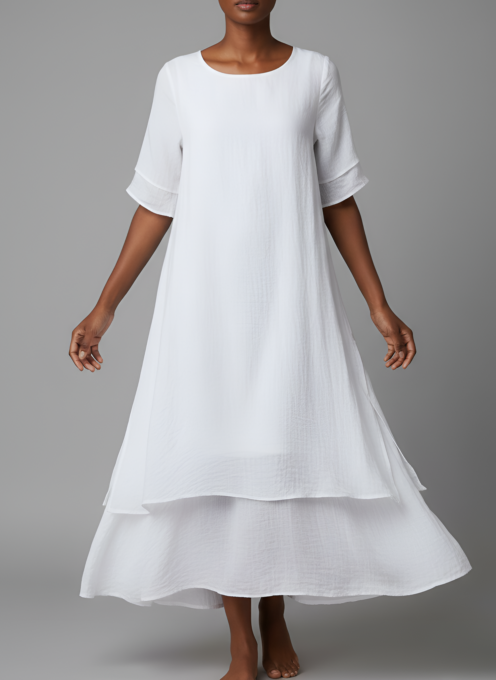 Vestido Largo de Mezcla de Algodón con Manga Corta y Dobladillo Irregular