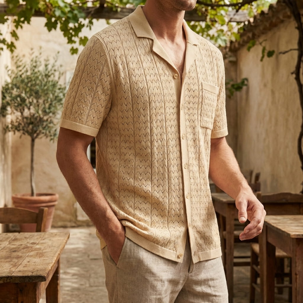 Polo de malha para homem com padrão geométrico e bolso — férias