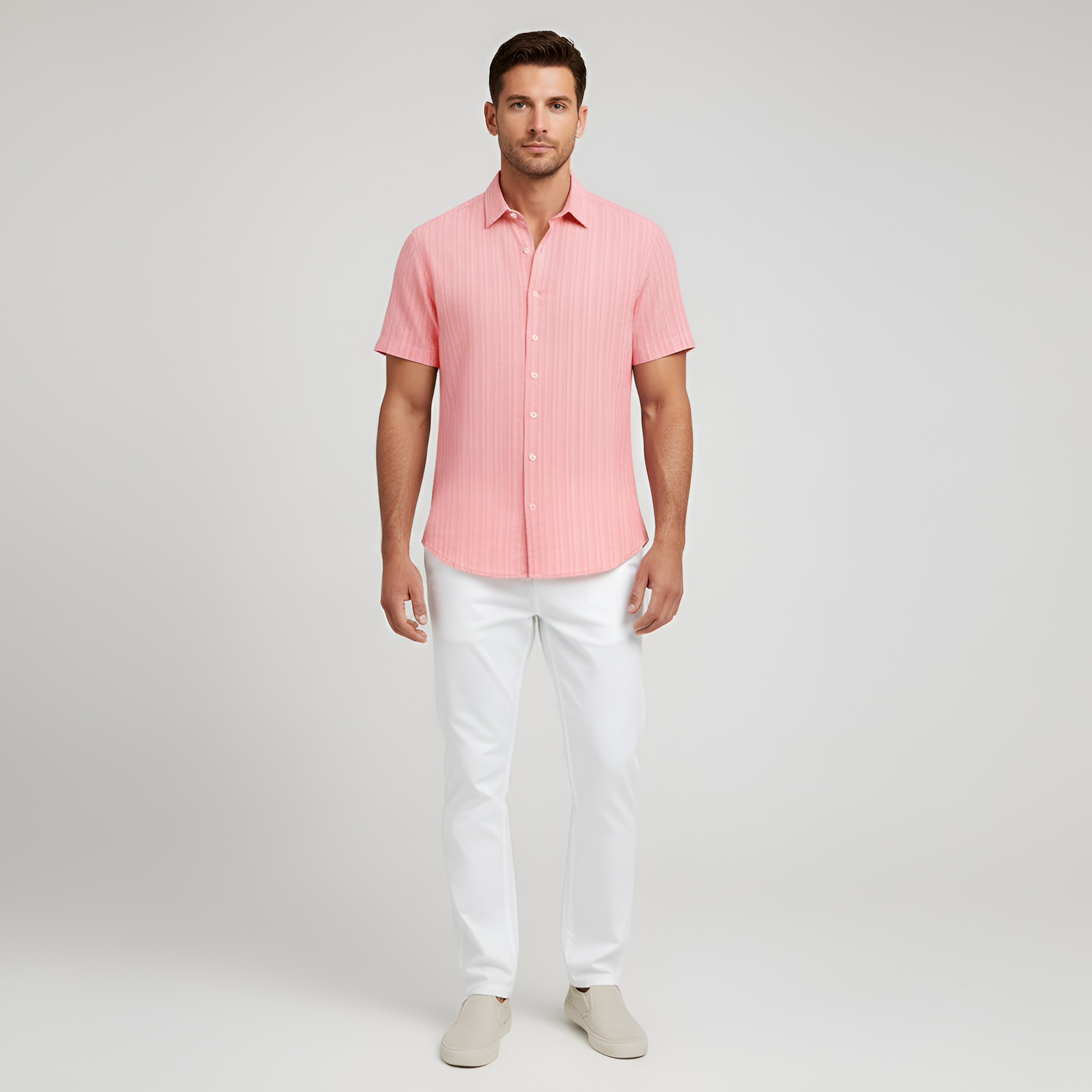 Chemise en mélange de coton pour homme à manches courtes avec col et boutons