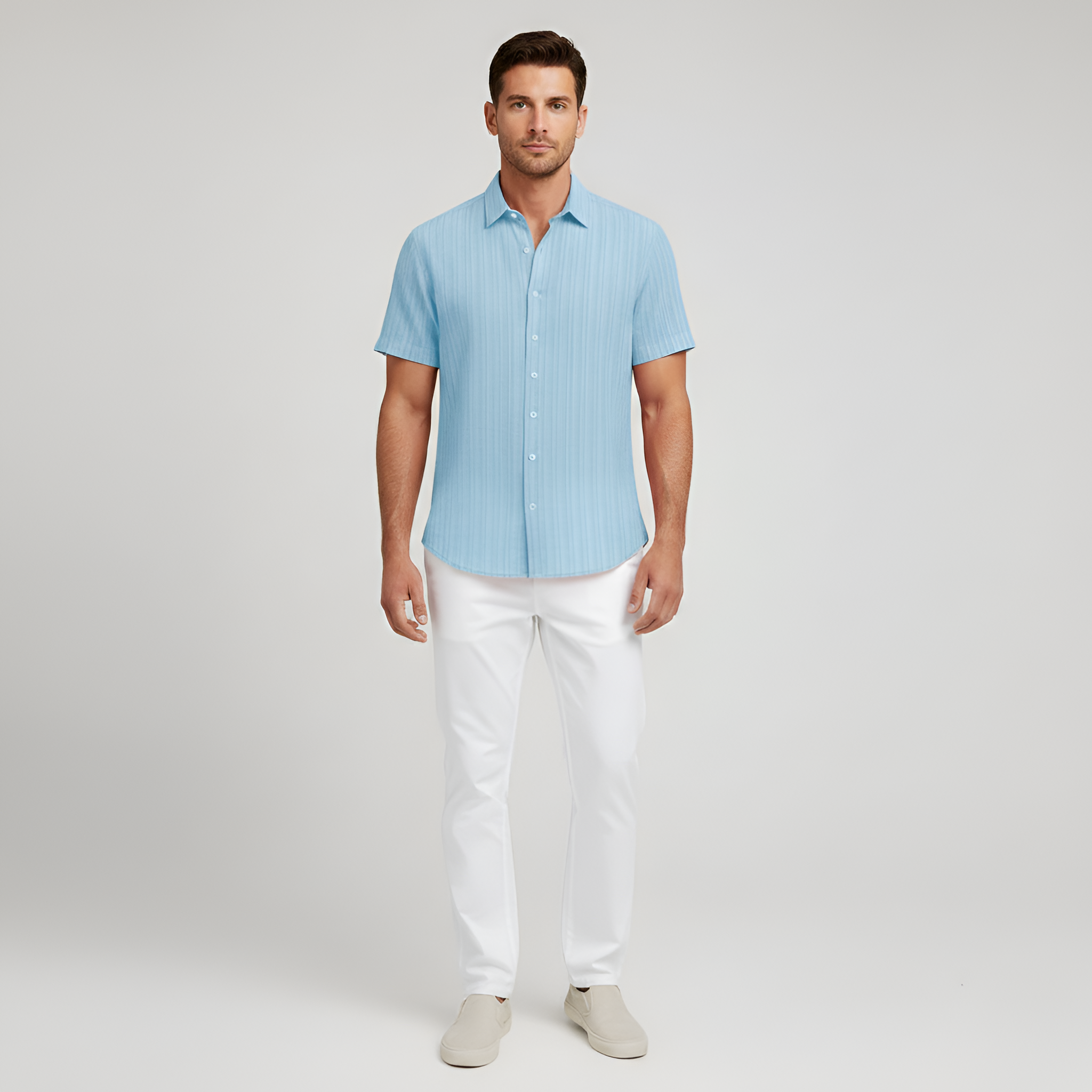 Chemise en mélange de coton pour homme à manches courtes avec col et boutons
