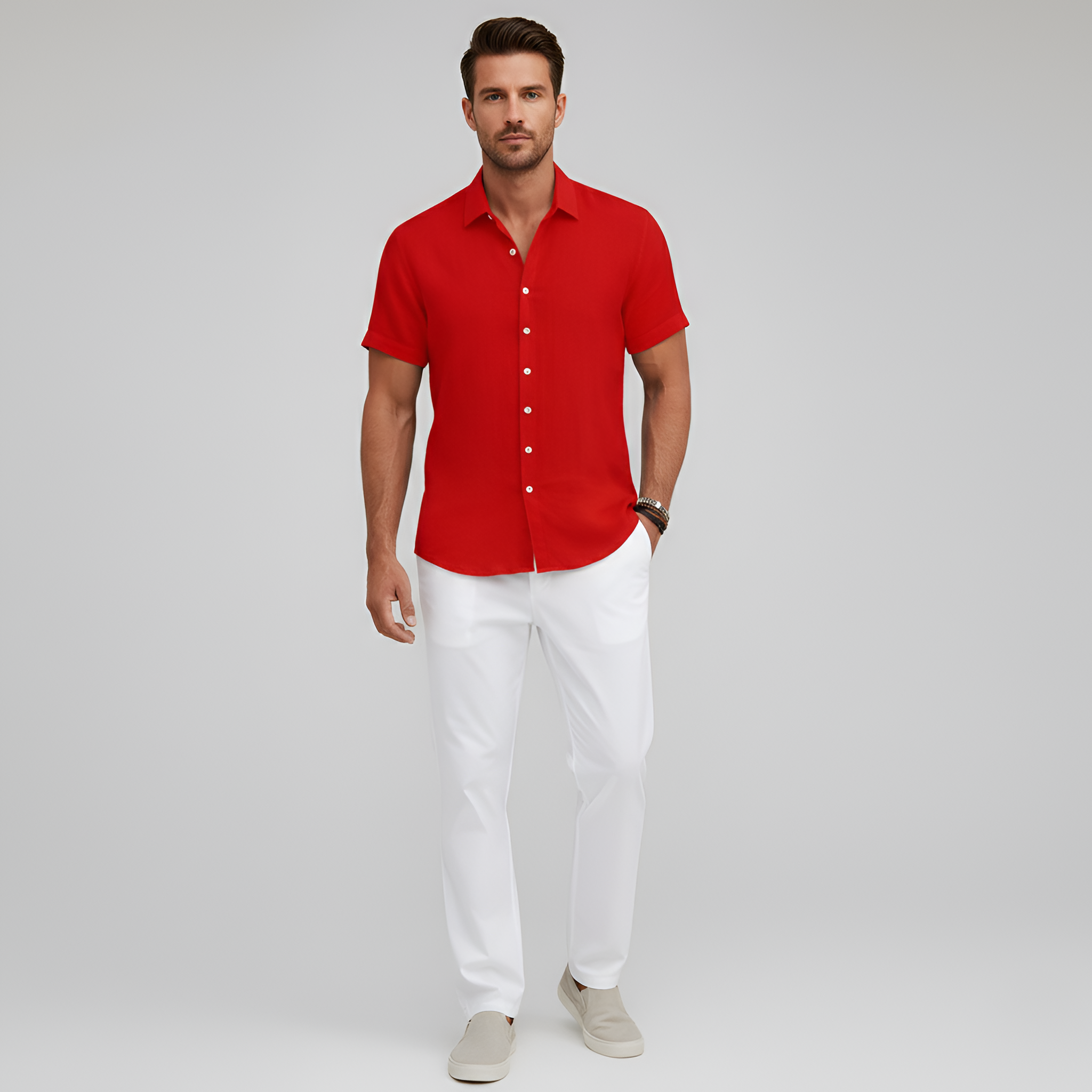 Chemise en mélange de coton pour homme à manches courtes avec col et boutons