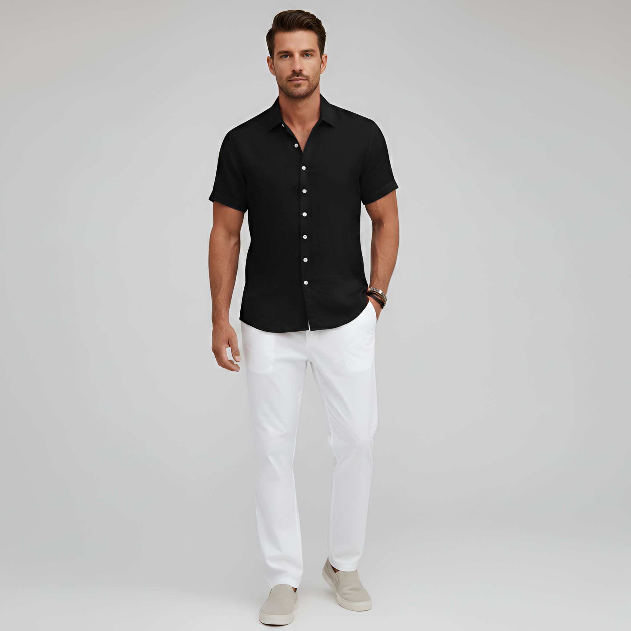 Chemise en mélange de coton pour homme à manches courtes avec col et boutons