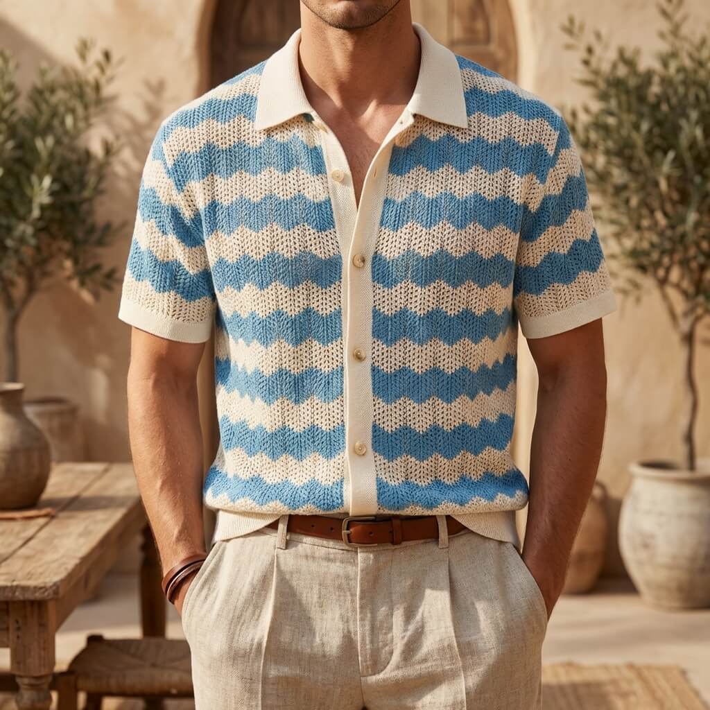 Polo de malha jacquard com botões para homem — verão