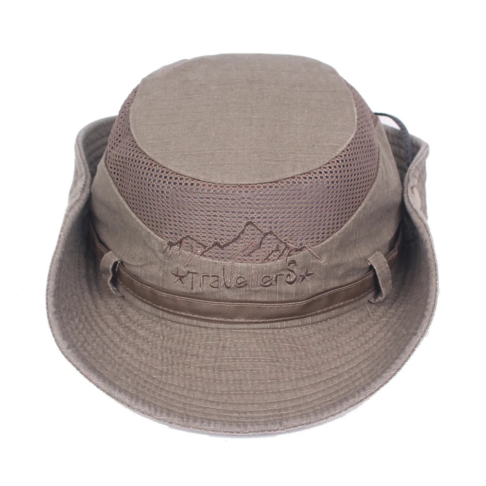 Cappello a secchiello unisex in cotone con rete traspirante per il sole, ideale per viaggi.