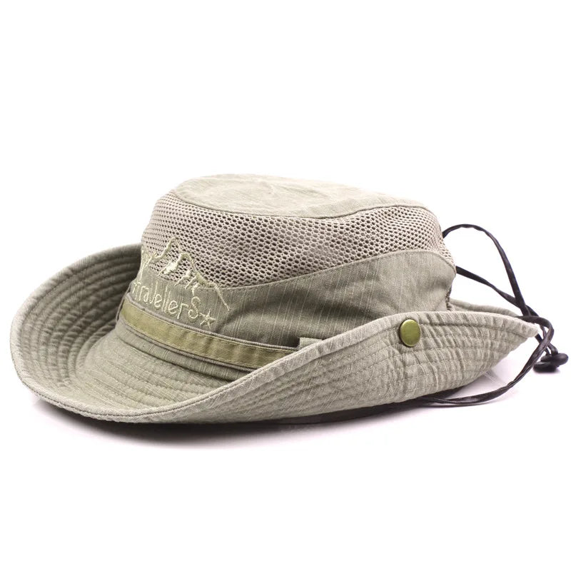 Cappello a secchiello unisex in cotone con rete traspirante per il sole, ideale per viaggi.
