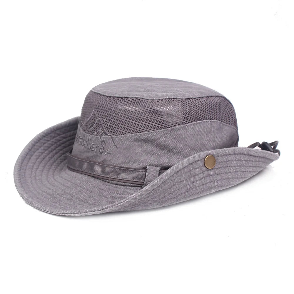 Cappello a secchiello unisex in cotone con rete traspirante per il sole, ideale per viaggi.