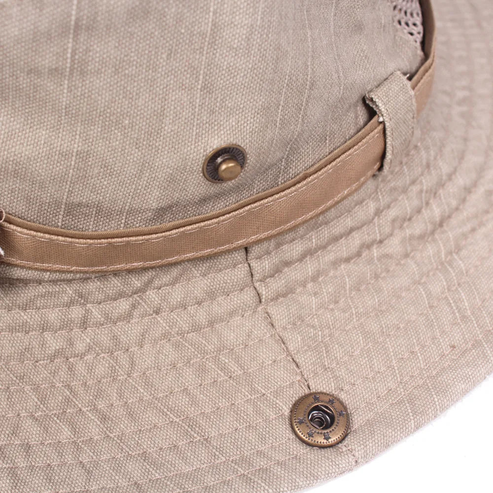 Cappello a secchiello unisex in cotone con rete traspirante per il sole, ideale per viaggi.