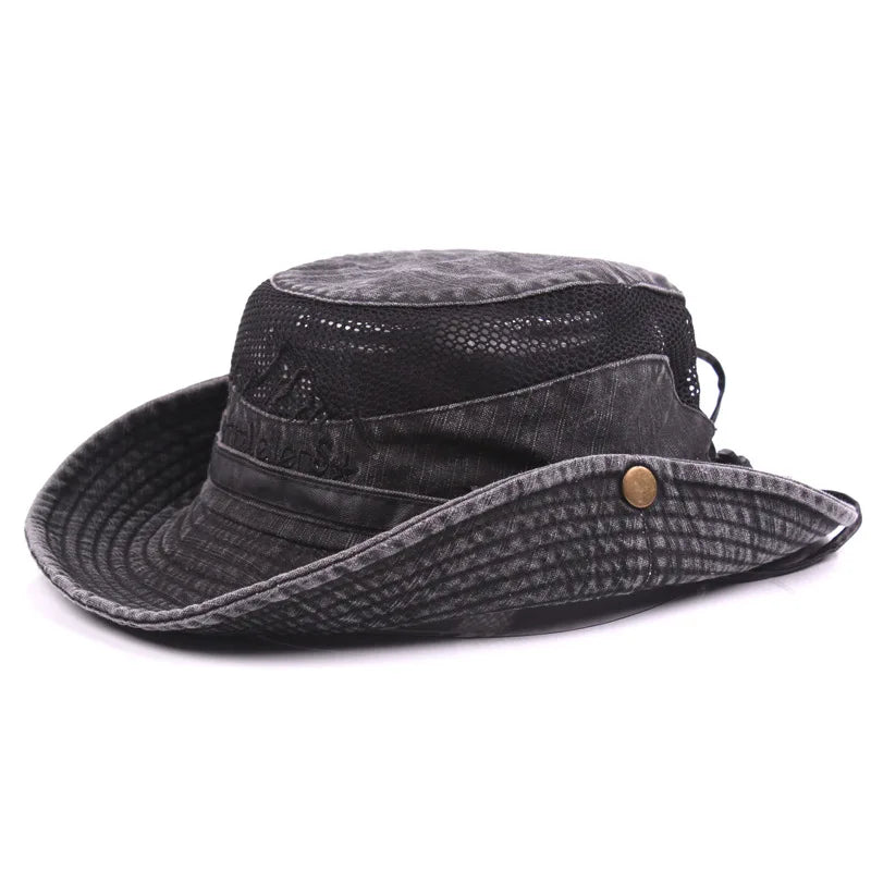 Cappello a secchiello unisex in cotone con rete traspirante per il sole, ideale per viaggi.