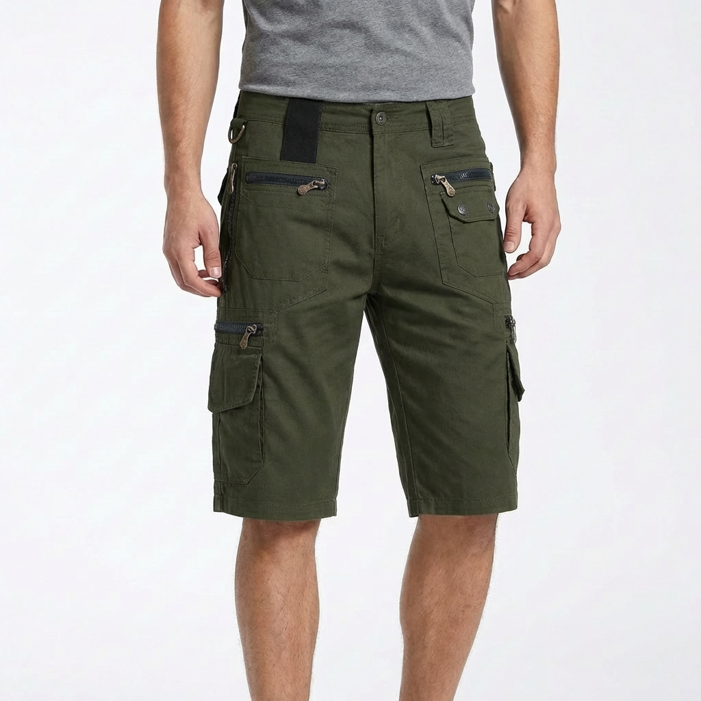 Bermuda Cargo in Cotone da Uomo con Tasche Multiple e Anello Metallico