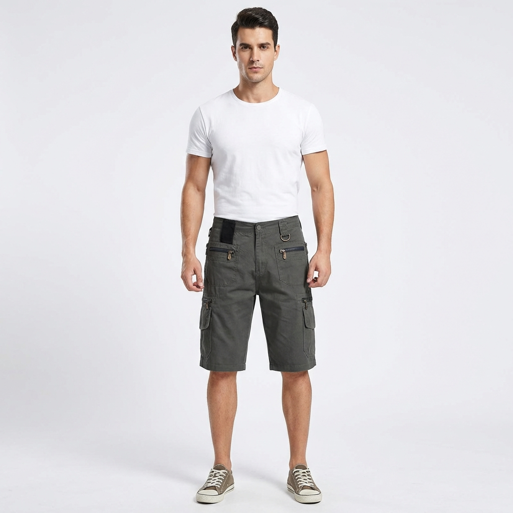 Bermuda Cargo in Cotone da Uomo con Tasche Multiple e Anello Metallico