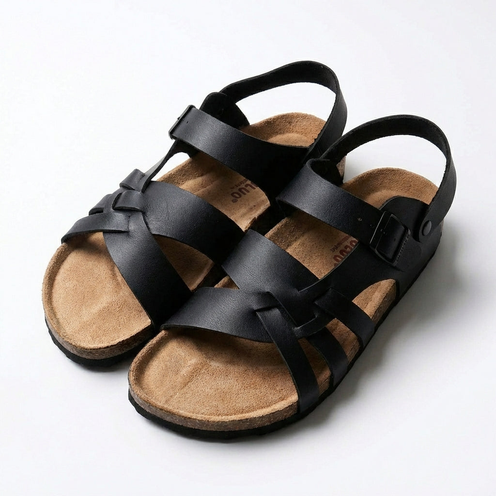 Sandali in Pelle con Cinghie Intrecciate e Suola in Sughero da Uomo con Fibbia