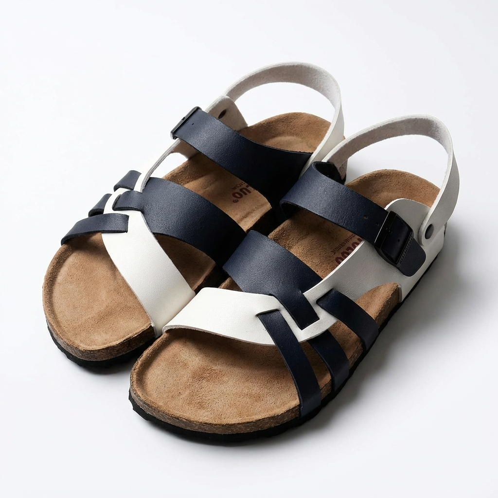 Sandali in Pelle con Cinghie Intrecciate e Suola in Sughero da Uomo con Fibbia