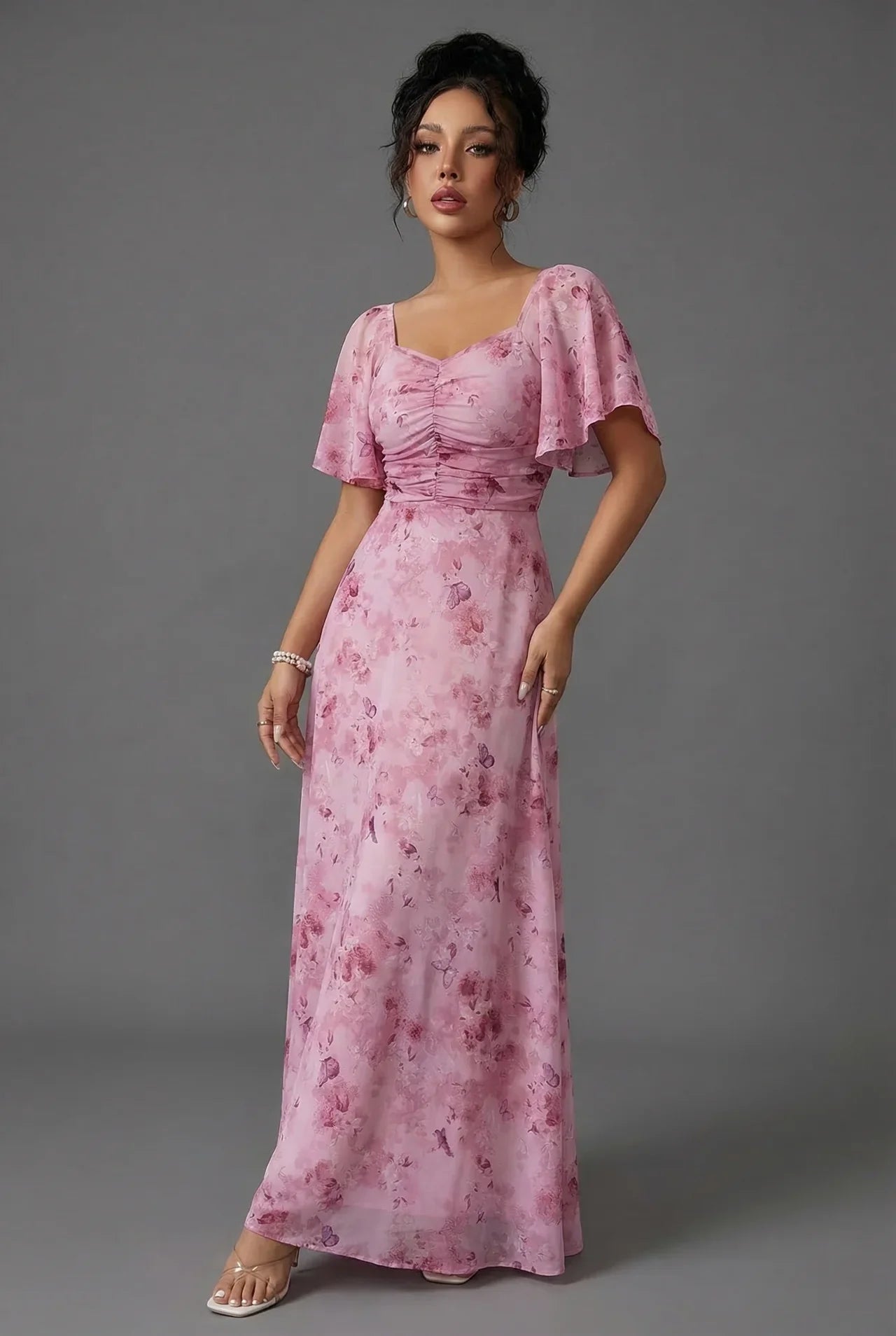 Long Wedding Guest Dress with Floral Print and Ruffle Sleeves