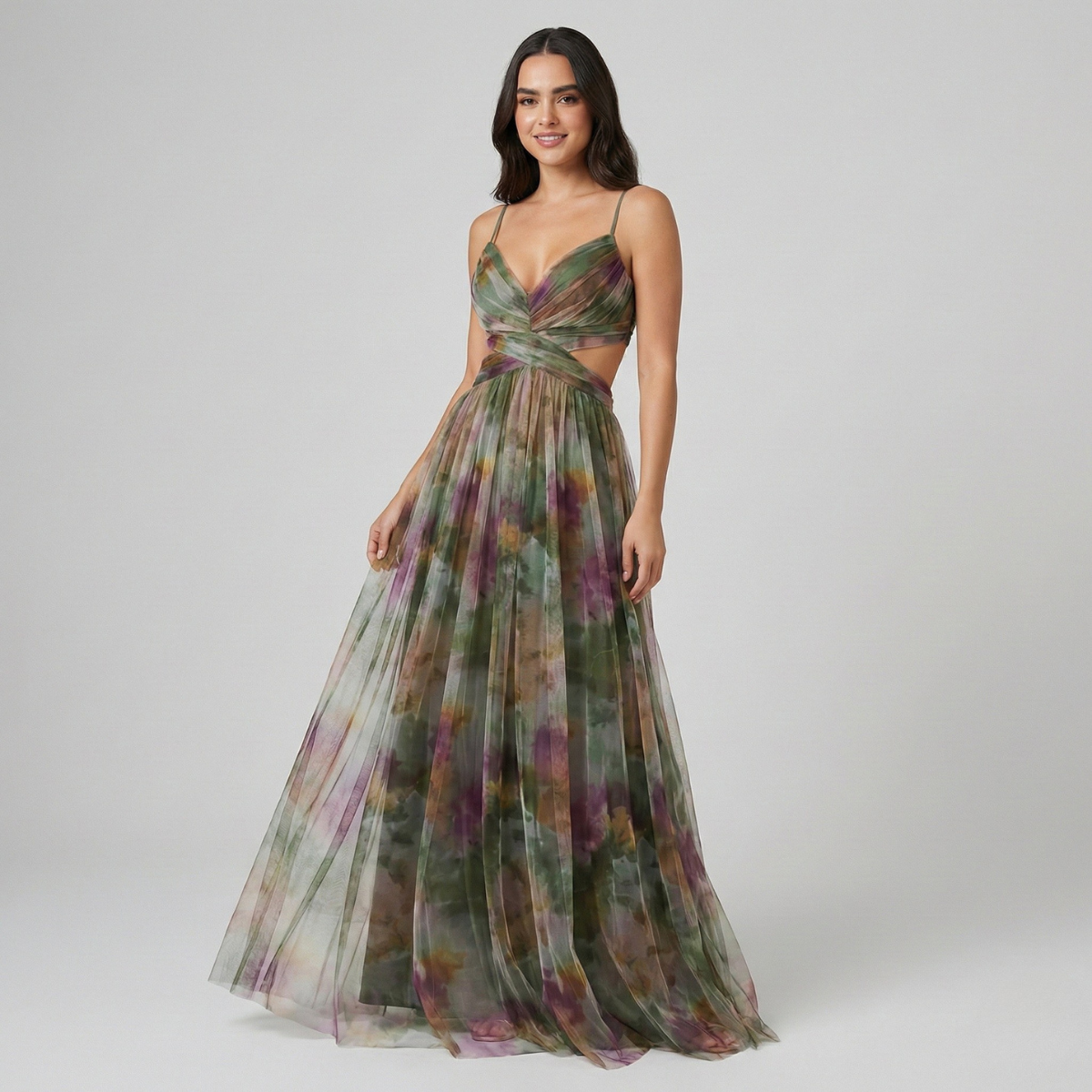 Vestido Largo Sin Mangas de Seda con Estampado Degradado y Aberturas en la Cintura