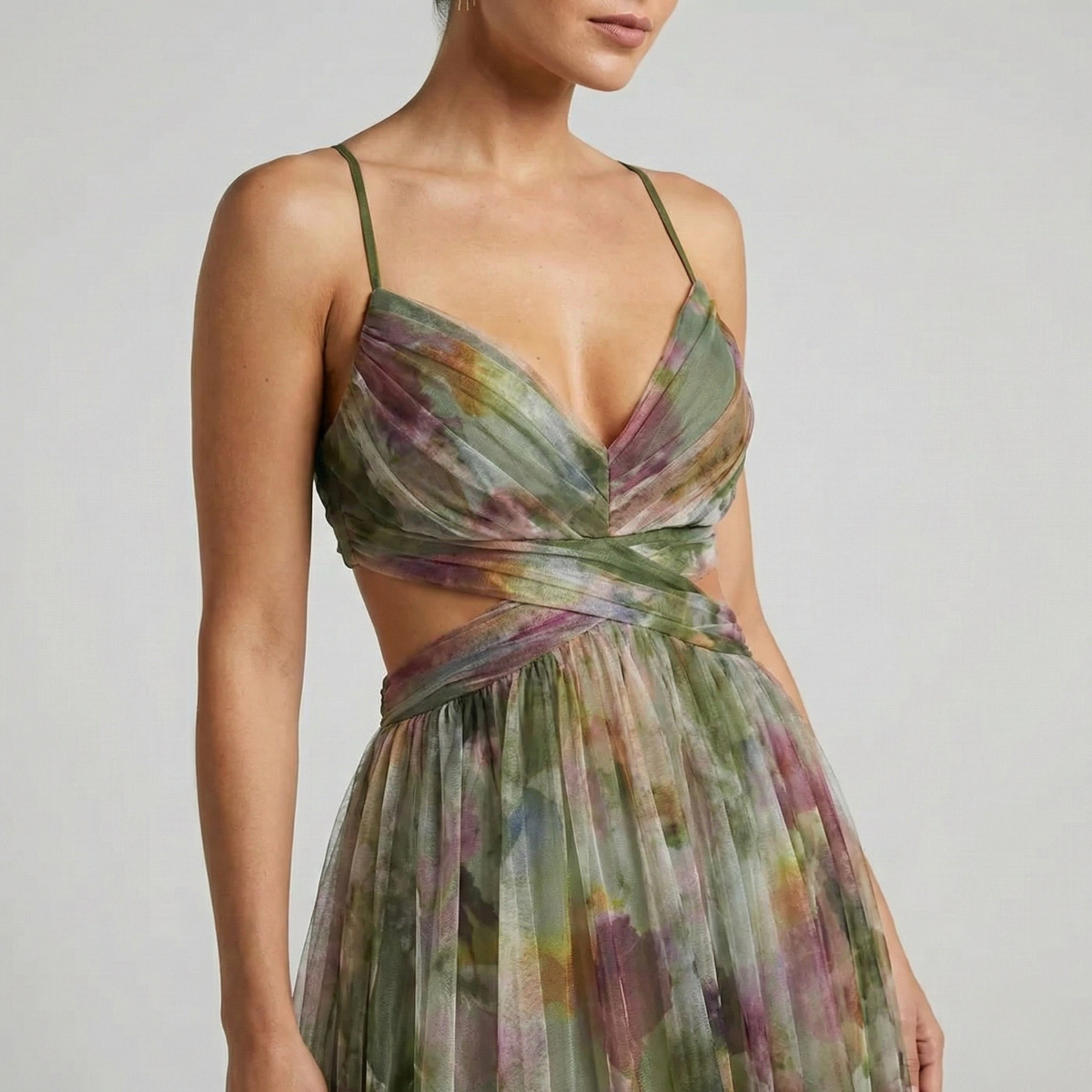 Vestido Largo Sin Mangas de Seda con Estampado Degradado y Aberturas en la Cintura