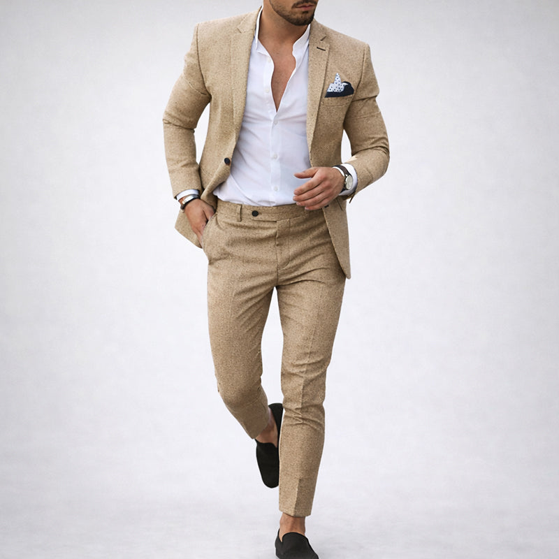 Costum bărbați din amestec de in, două piese, croială slim fit și rever cu crestătură