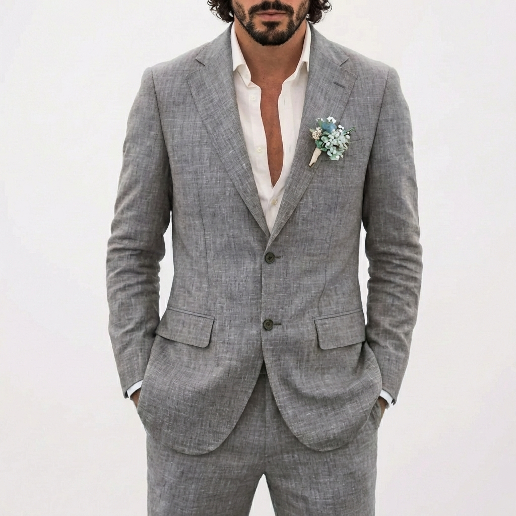 Traje de Lino de Dos Piezas para Hombre Slim Fit Blazer y Pantalones Conjunto Formal para Bodas
