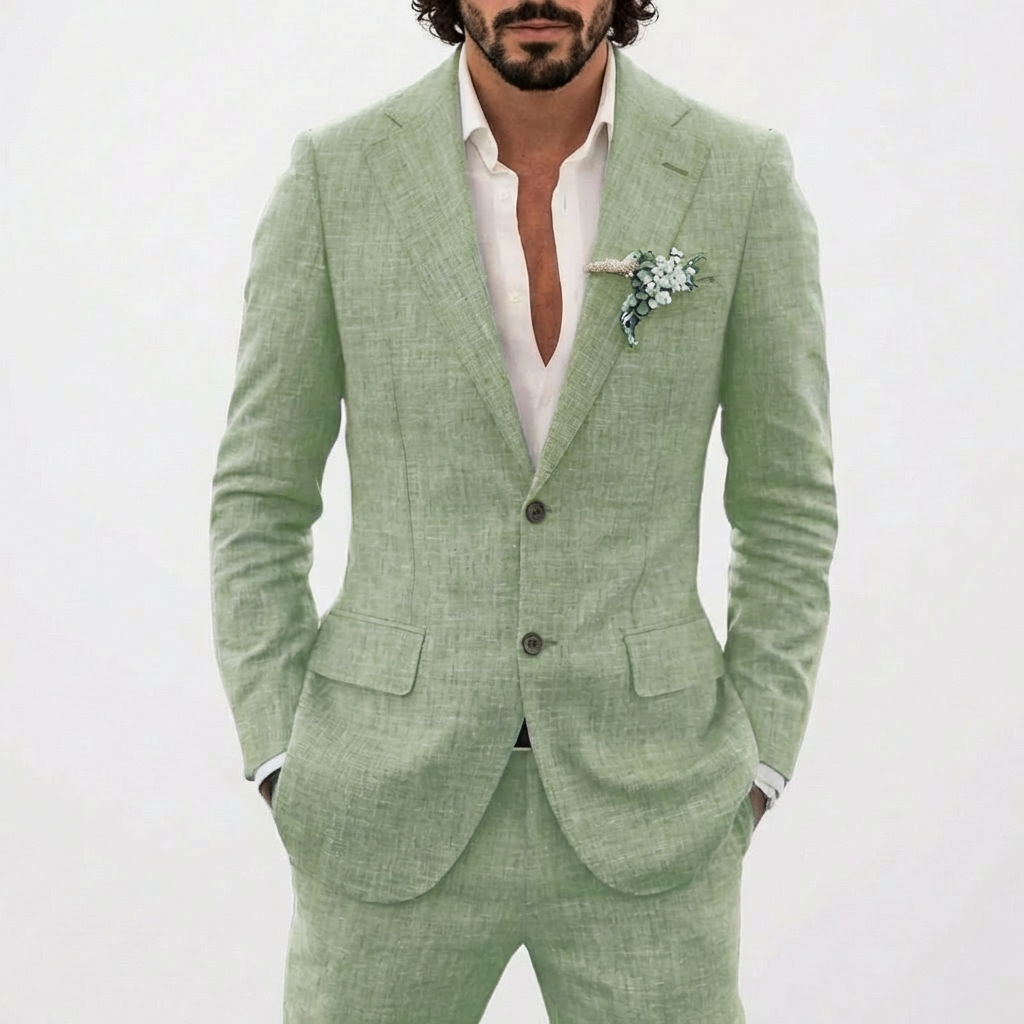 Completo in Lino Due Pezzi Uomo Slim Fit Blazer e Pantaloni, Set Formale per Matrimoni