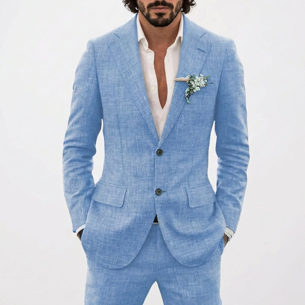 Completo in Lino Due Pezzi Uomo Slim Fit Blazer e Pantaloni, Set Formale per Matrimoni