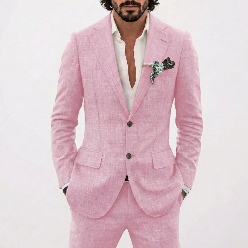 Completo in Lino Due Pezzi Uomo Slim Fit Blazer e Pantaloni, Set Formale per Matrimoni