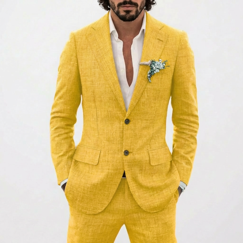 Traje de Lino de Dos Piezas para Hombre Slim Fit Blazer y Pantalones Conjunto Formal para Bodas