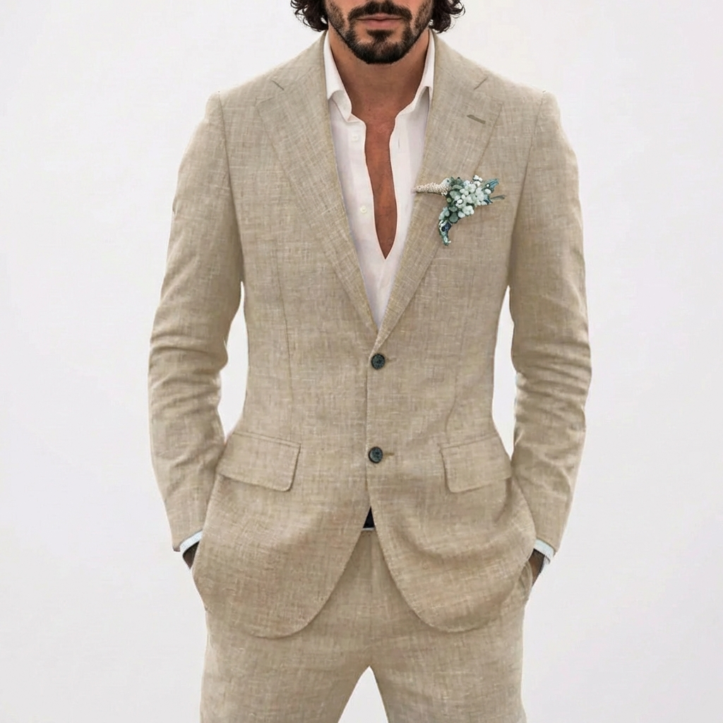 Traje de Lino de Dos Piezas para Hombre Slim Fit Blazer y Pantalones Conjunto Formal para Bodas