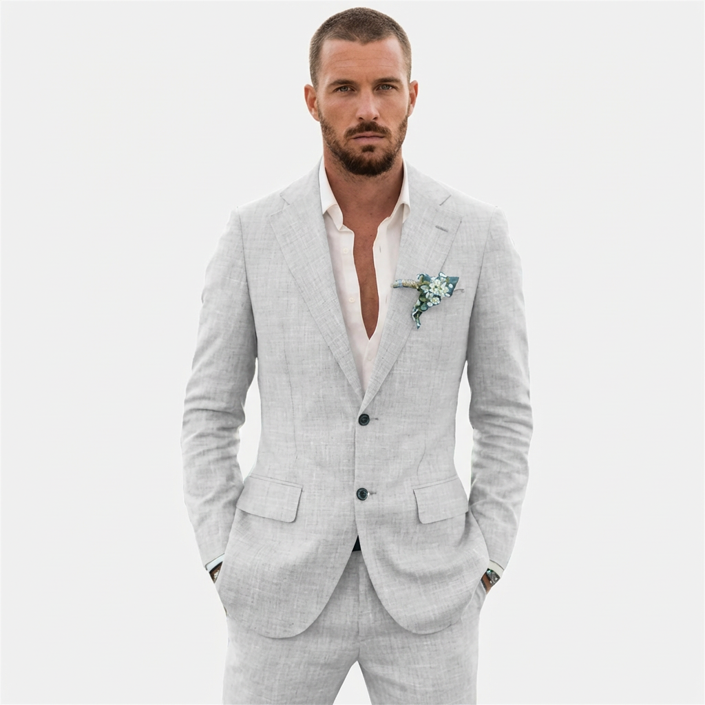 Completo in Lino Due Pezzi Uomo Slim Fit Blazer e Pantaloni, Set Formale per Matrimoni