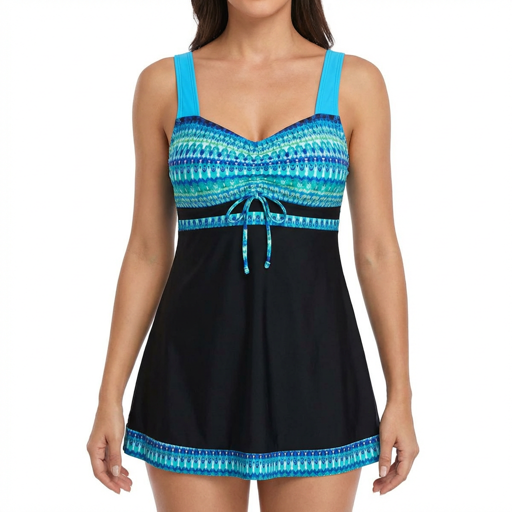 Costume Tankini a Due Pezzi con Stampa Nautica e Gonna Integrata da Donna