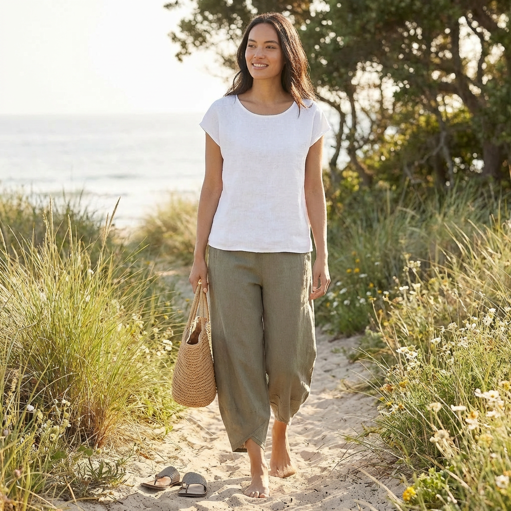 Pantaloni Culotte in Cotone e Lino da Donna con Orlo Asimmetrico e Vita Elastica