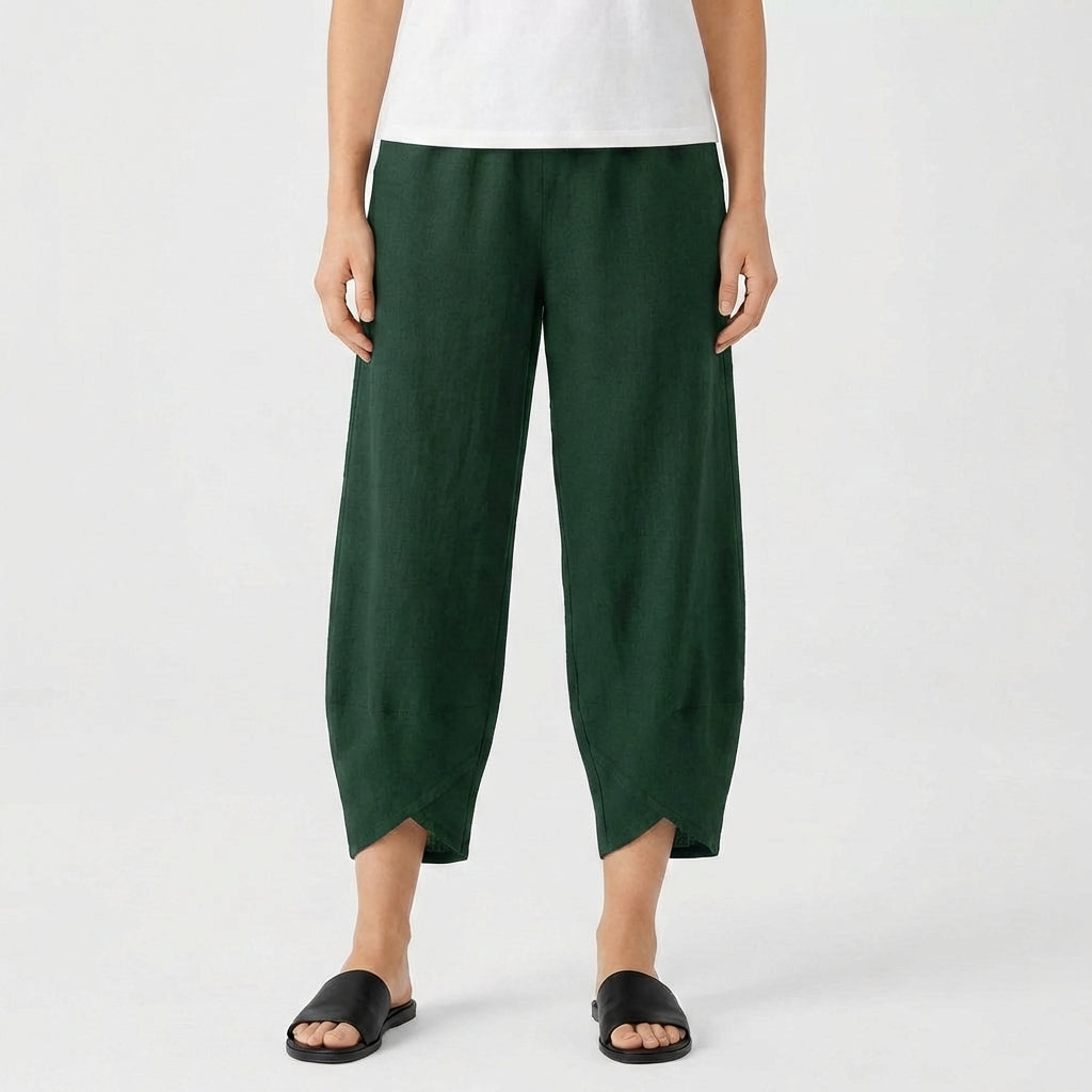 Pantaloni Culotte in Cotone e Lino da Donna con Orlo Asimmetrico e Vita Elastica