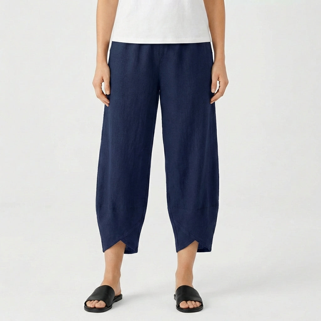 Pantaloni Culotte in Cotone e Lino da Donna con Orlo Asimmetrico e Vita Elastica