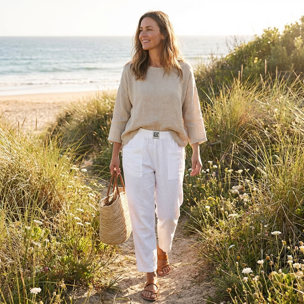 Pantaloni in Cotone e Lino da Donna con Vita Elastica e Tasche a Toppa