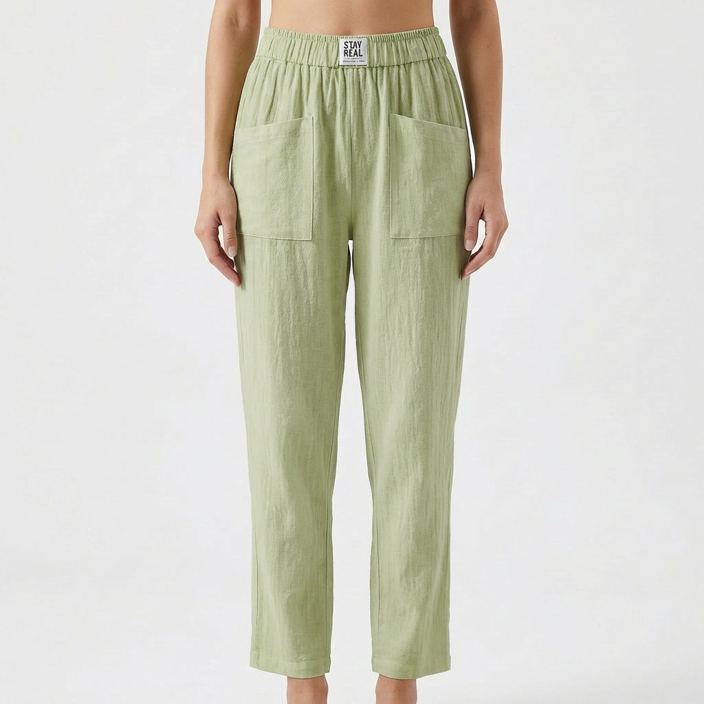 Pantaloni in Cotone e Lino da Donna con Vita Elastica e Tasche a Toppa