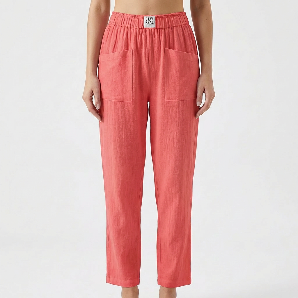 Pantaloni in Cotone e Lino da Donna con Vita Elastica e Tasche a Toppa
