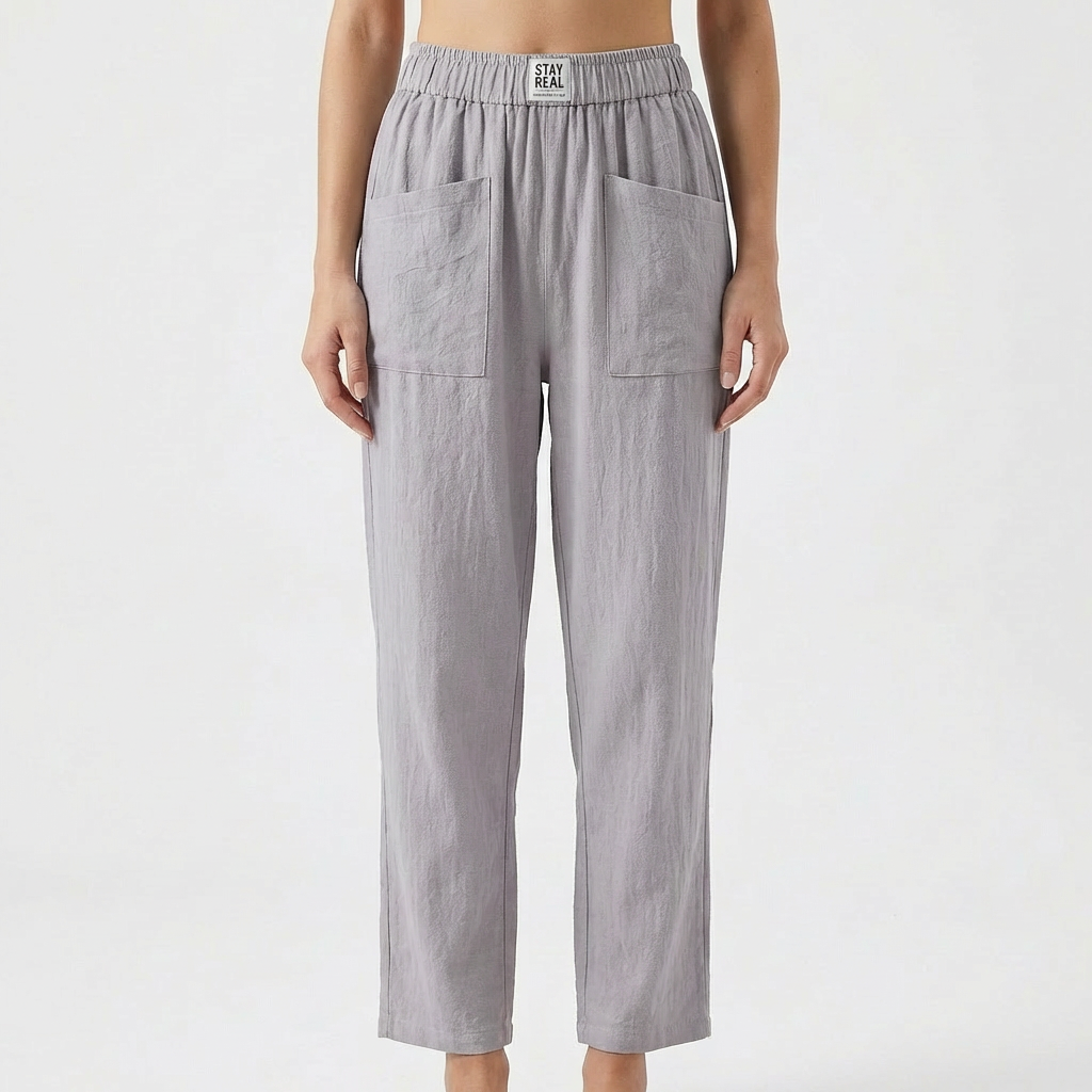 Pantaloni in Cotone e Lino da Donna con Vita Elastica e Tasche a Toppa