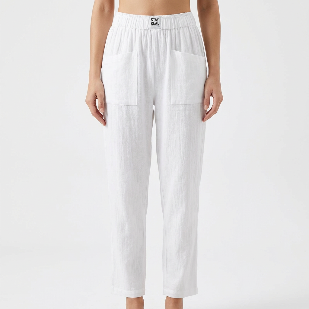 Pantaloni in Cotone e Lino da Donna con Vita Elastica e Tasche a Toppa