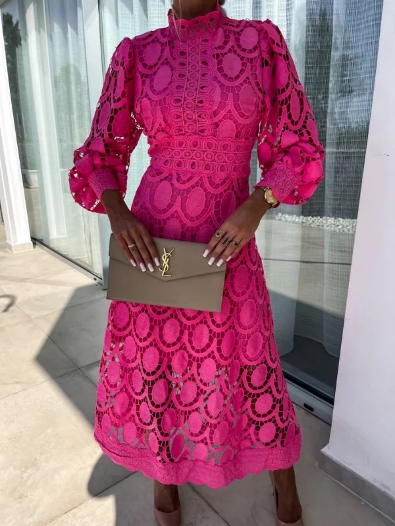 Abito Lungo da Donna in Poliestere con Pizzo Traforato e Maniche a Sbuffo