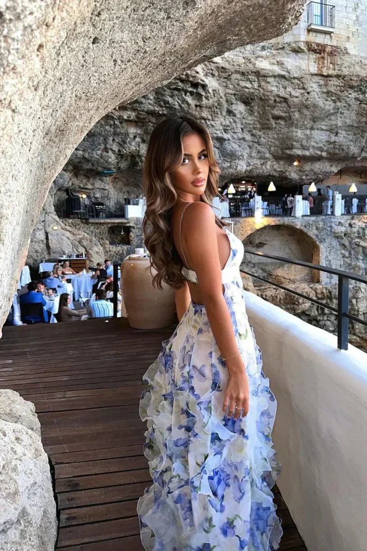 Vestido Largo de Poliéster con Cuello en V Estampado Floral y Volantes en Cascada