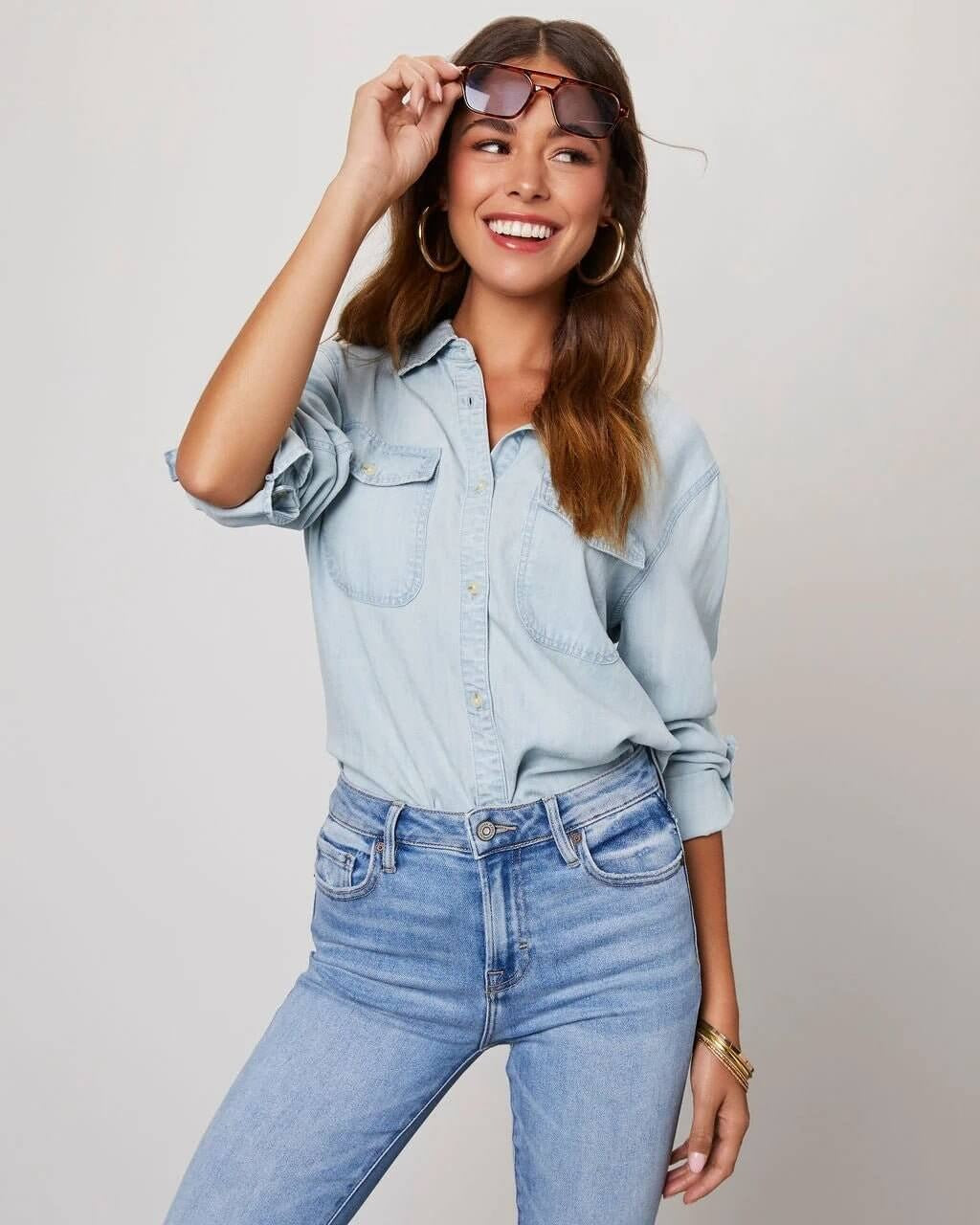 Camicia in denim di poliestere da donna con colletto a risvolto e maniche lunghe