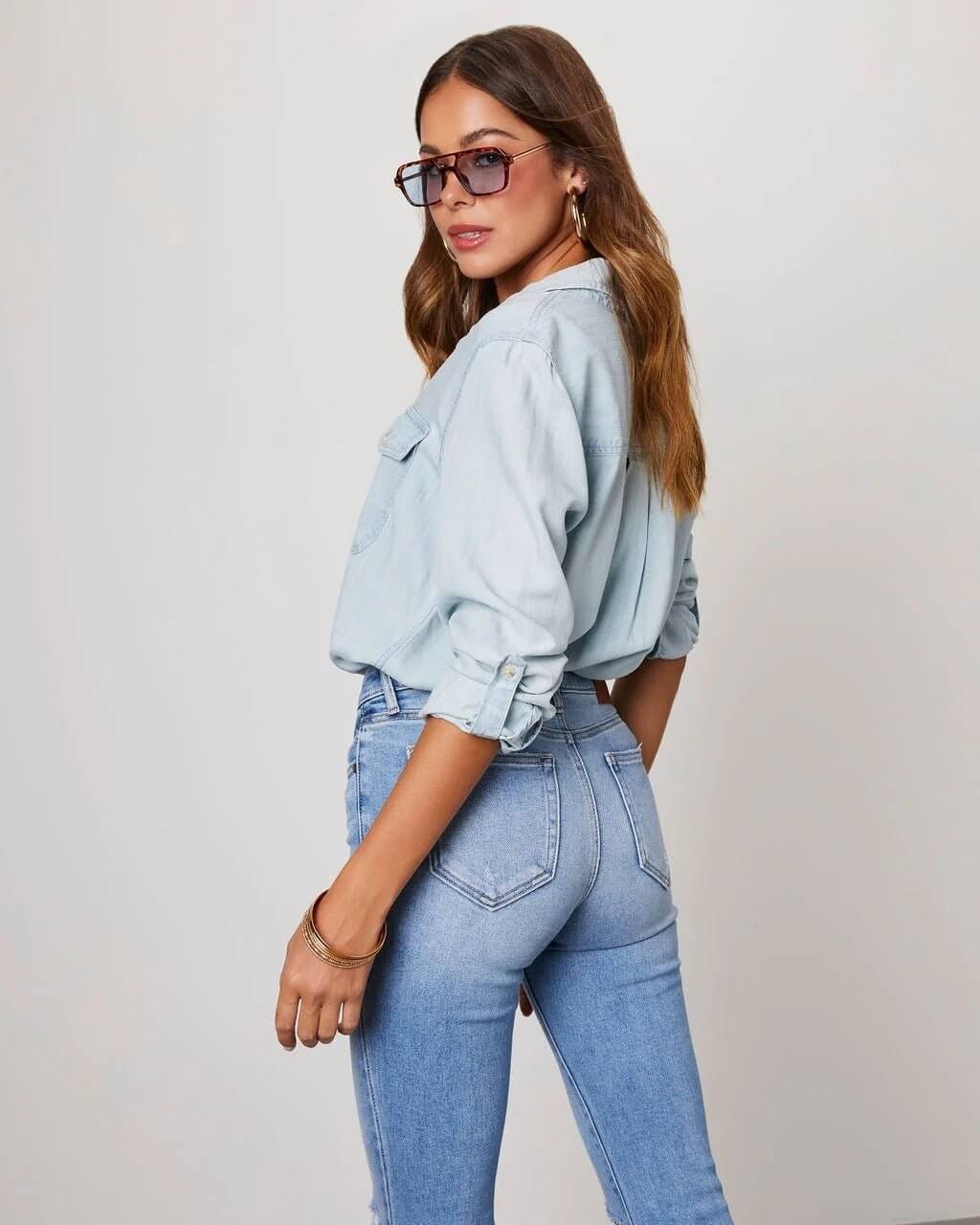 Camicia in denim di poliestere da donna con colletto a risvolto e maniche lunghe