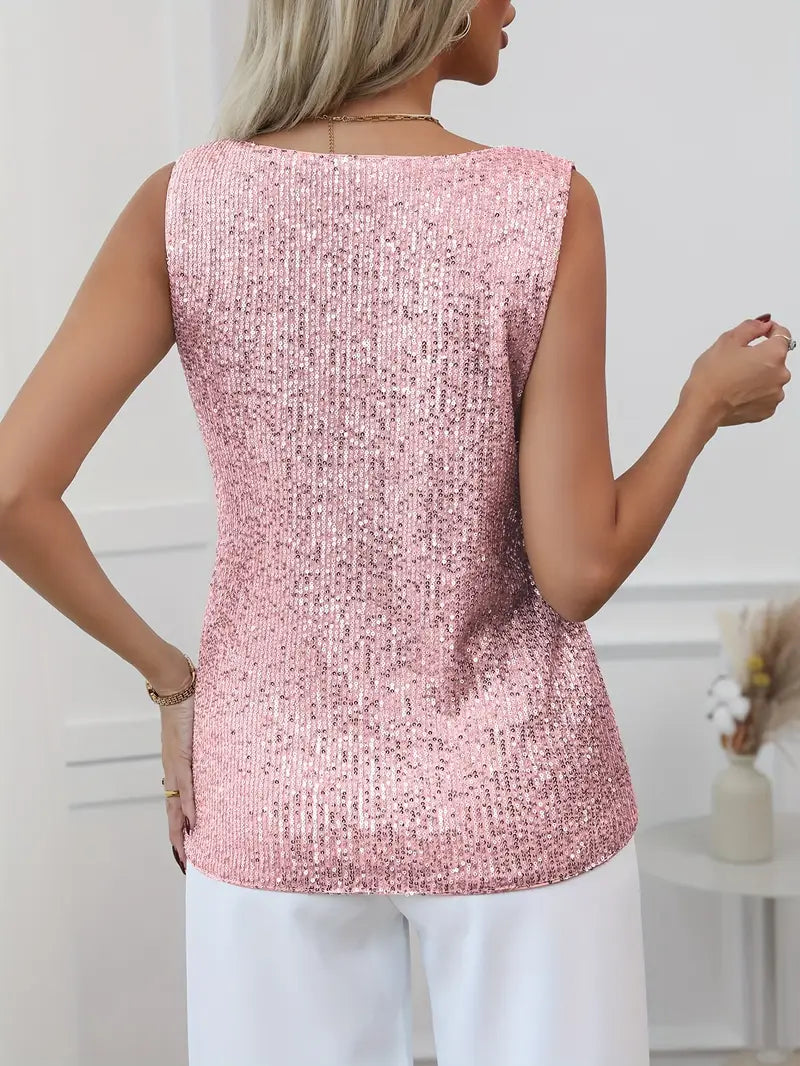 Női pántos flitteres top V-nyakkal, elegáns party stílusban