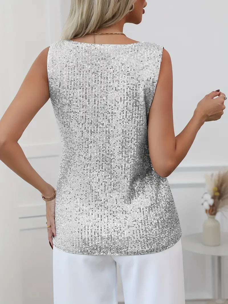 Női pántos flitteres top V-nyakkal, elegáns party stílusban