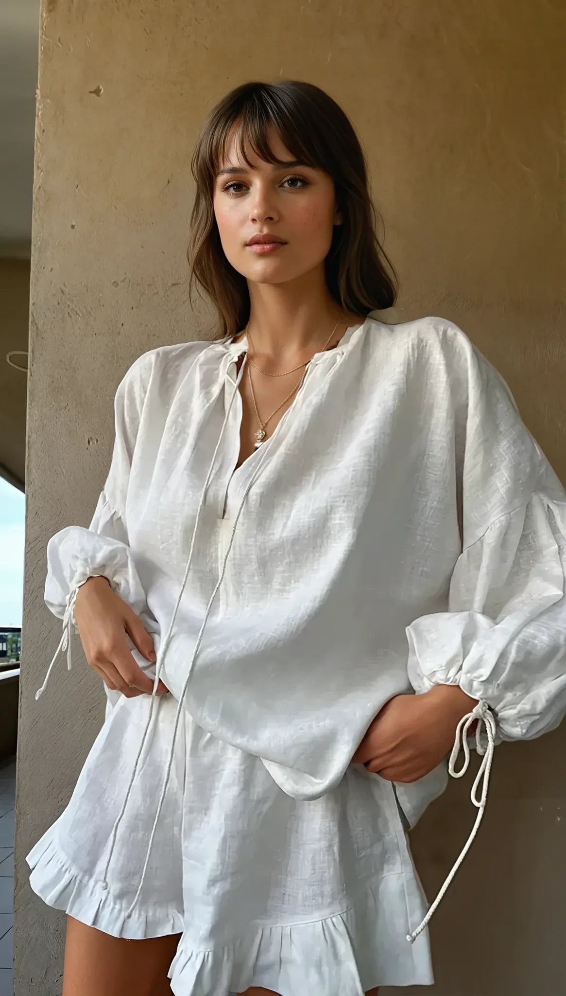 Completo Blusa e Pantaloncini in Poliestere con Scollo a V e Volant