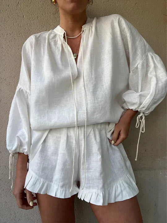 Polyester Blouse and Shorts Set with V-Neck and Ruffles