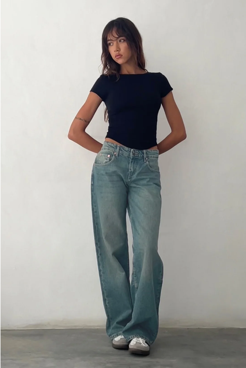 Blugi cu picior drept pentru femei, cu talie joasă și denim elastic