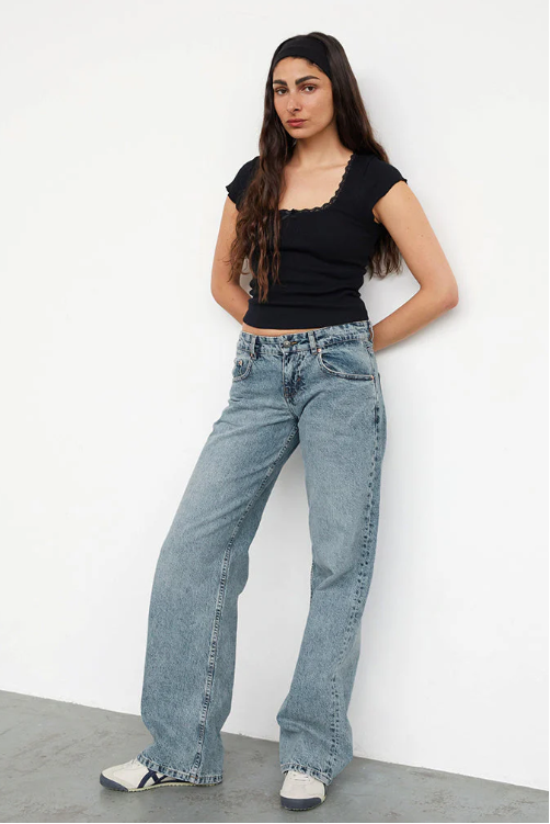 Blugi cu picior drept pentru femei, cu talie joasă și denim elastic