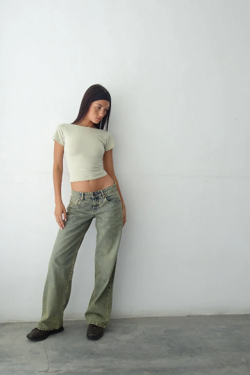 Blugi cu picior drept pentru femei, cu talie joasă și denim elastic