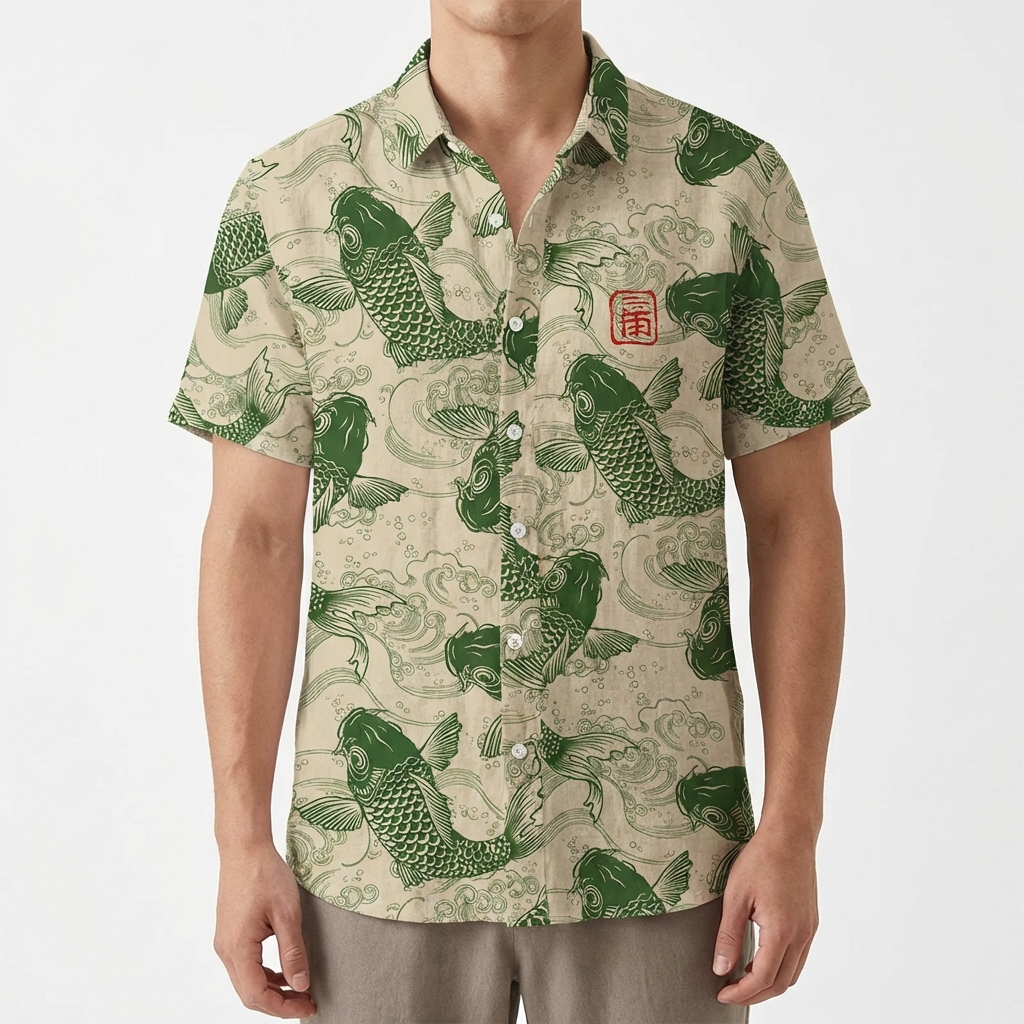 Camicia da Uomo in Poliestere con Stampa di Pesci e Colletto Mao a Maniche Corte
