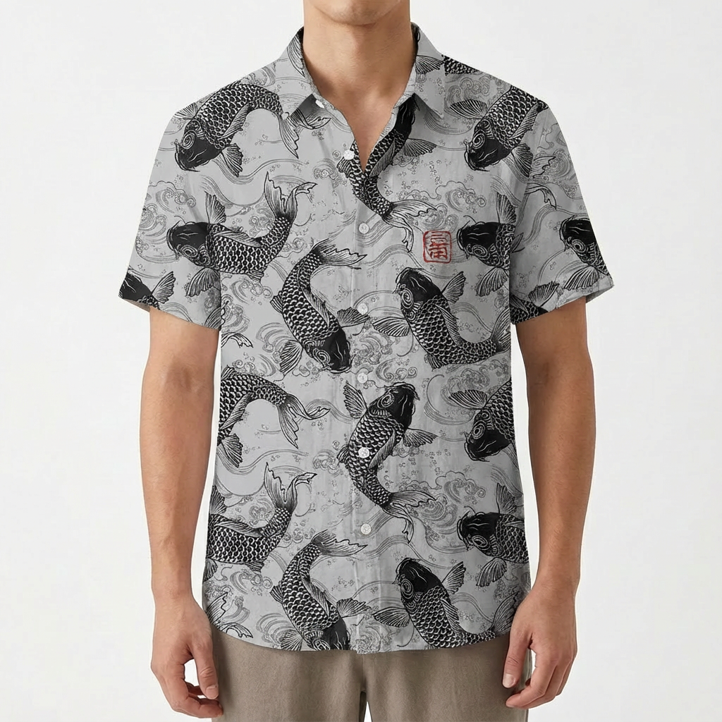 Camicia da Uomo in Poliestere con Stampa di Pesci e Colletto Mao a Maniche Corte