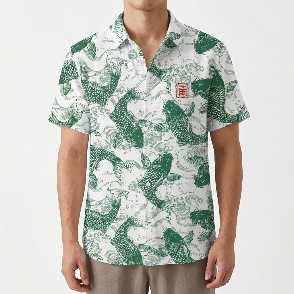 Camicia da Uomo in Poliestere con Stampa di Pesci e Colletto Mao a Maniche Corte